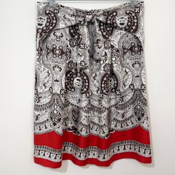 Talbots Red & Brown Silk A-Line Pleated Tie Midi Boho Skirt Women's Size 12 - Picture 5 of 5